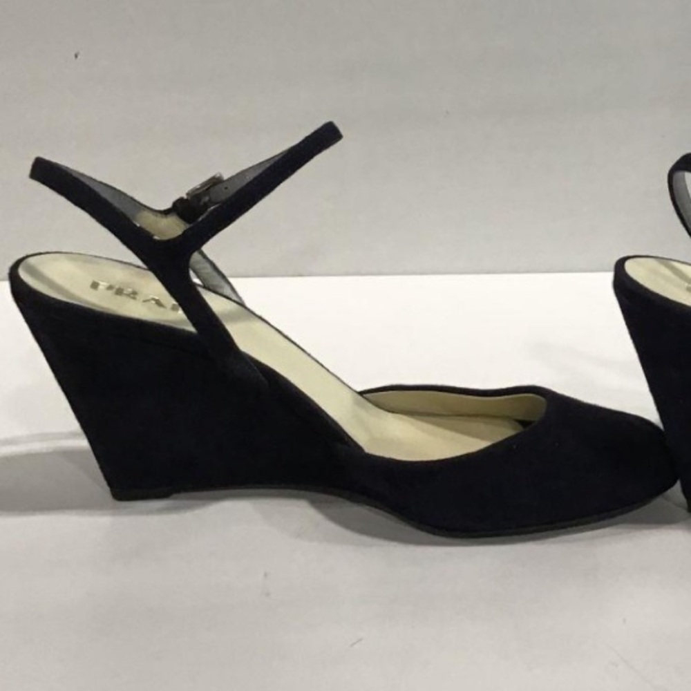 Women’s Prada Black Suede Wedge Sandal Size 37.5 - Picture 2 of 7